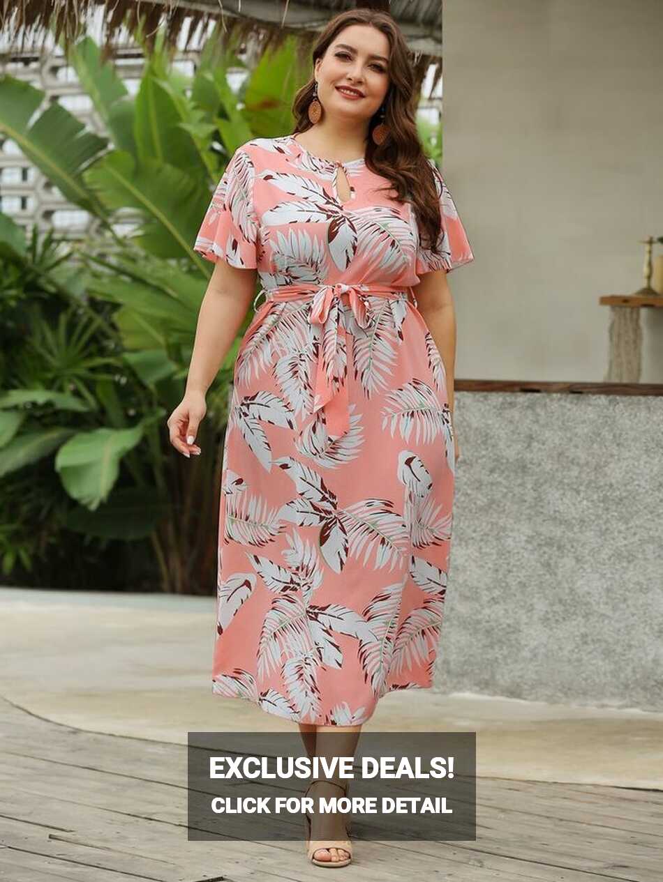 Plus Plants Print Keyhole Neck Belted Dress