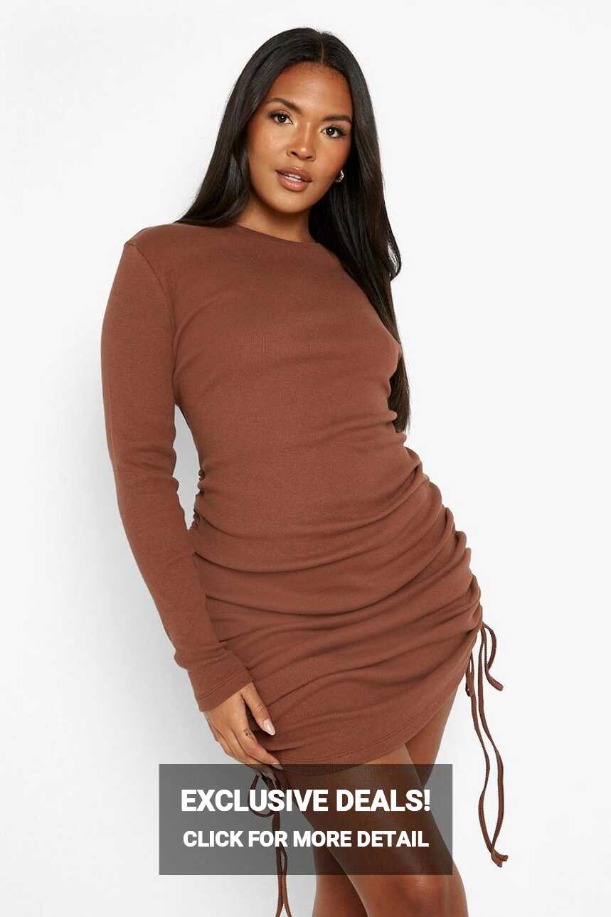 Plus Rib Ruched Long Sleeve Bodycon Dress