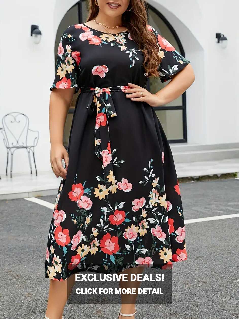 Plus Size Casual Dress Women&#39;s Plus Floral Print Short - Temu ...