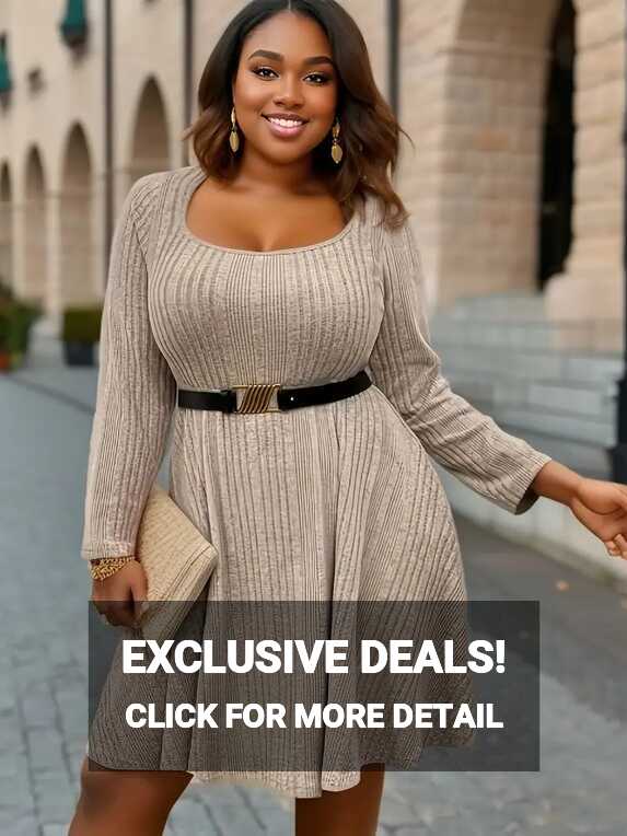 Plus Size Casual Dress Women&#39;s Plus Solid Ribbed Long Sleeve ...