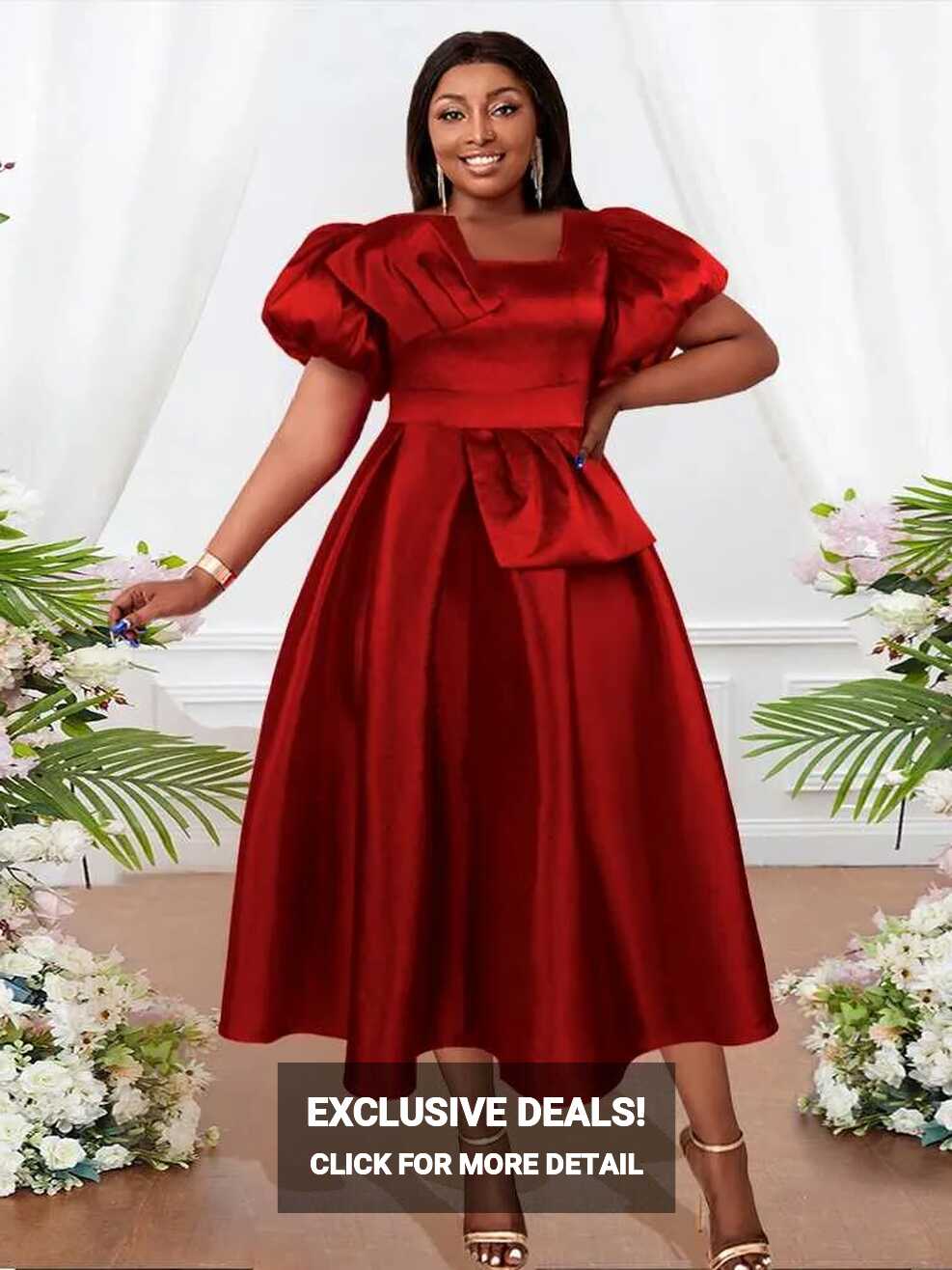 Plus Size Casual Dresses Vintage Red Prom Elegant Square Neck ...