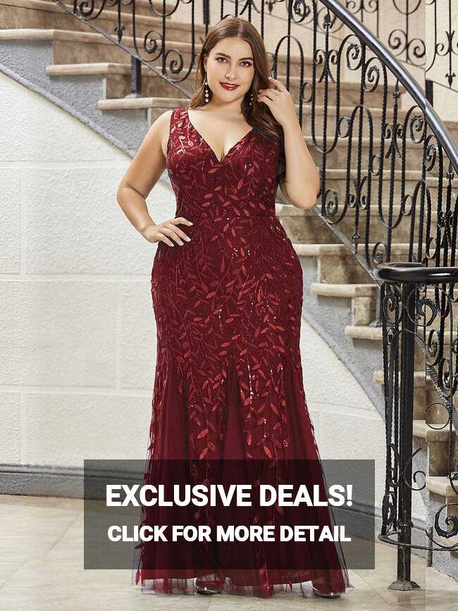 Plus Size Double V-Neck Fishtail Sequin Formal Maxi Evening Dress ...