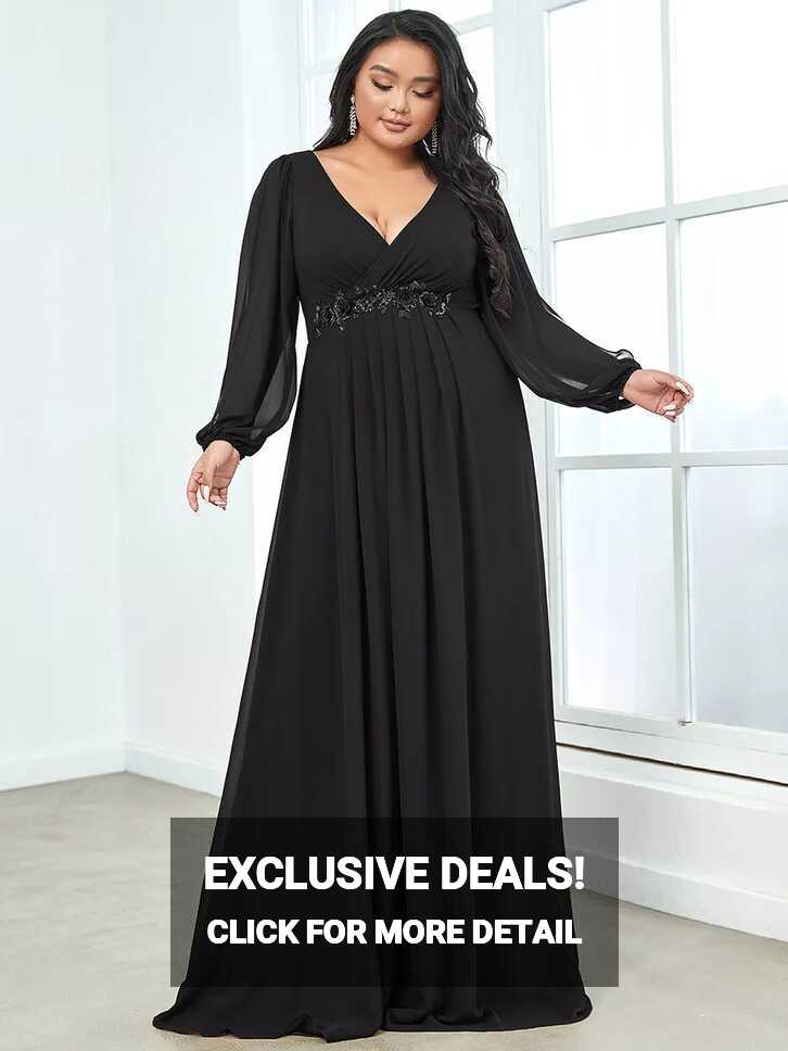 Plus Size Elegant Chiffon V-Neckline Long Sleeve Formal Evening ...