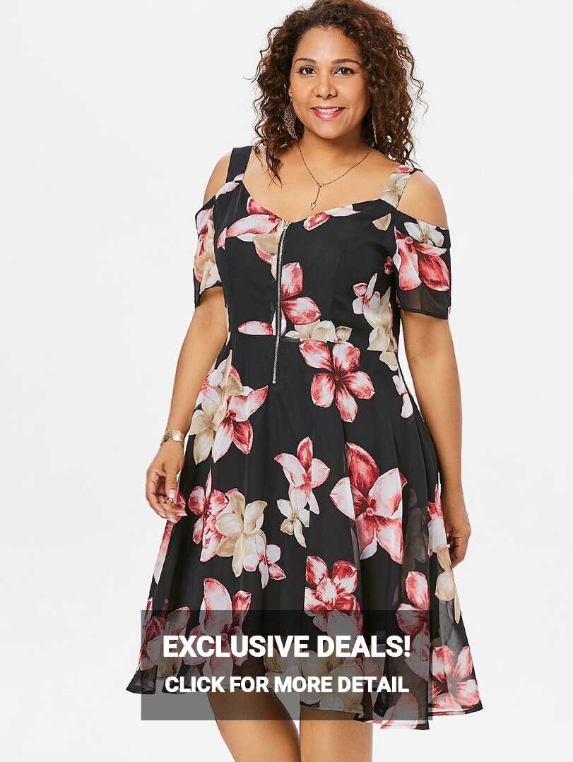 Plus Size Floral Cold Shoulder Knee Length Dress