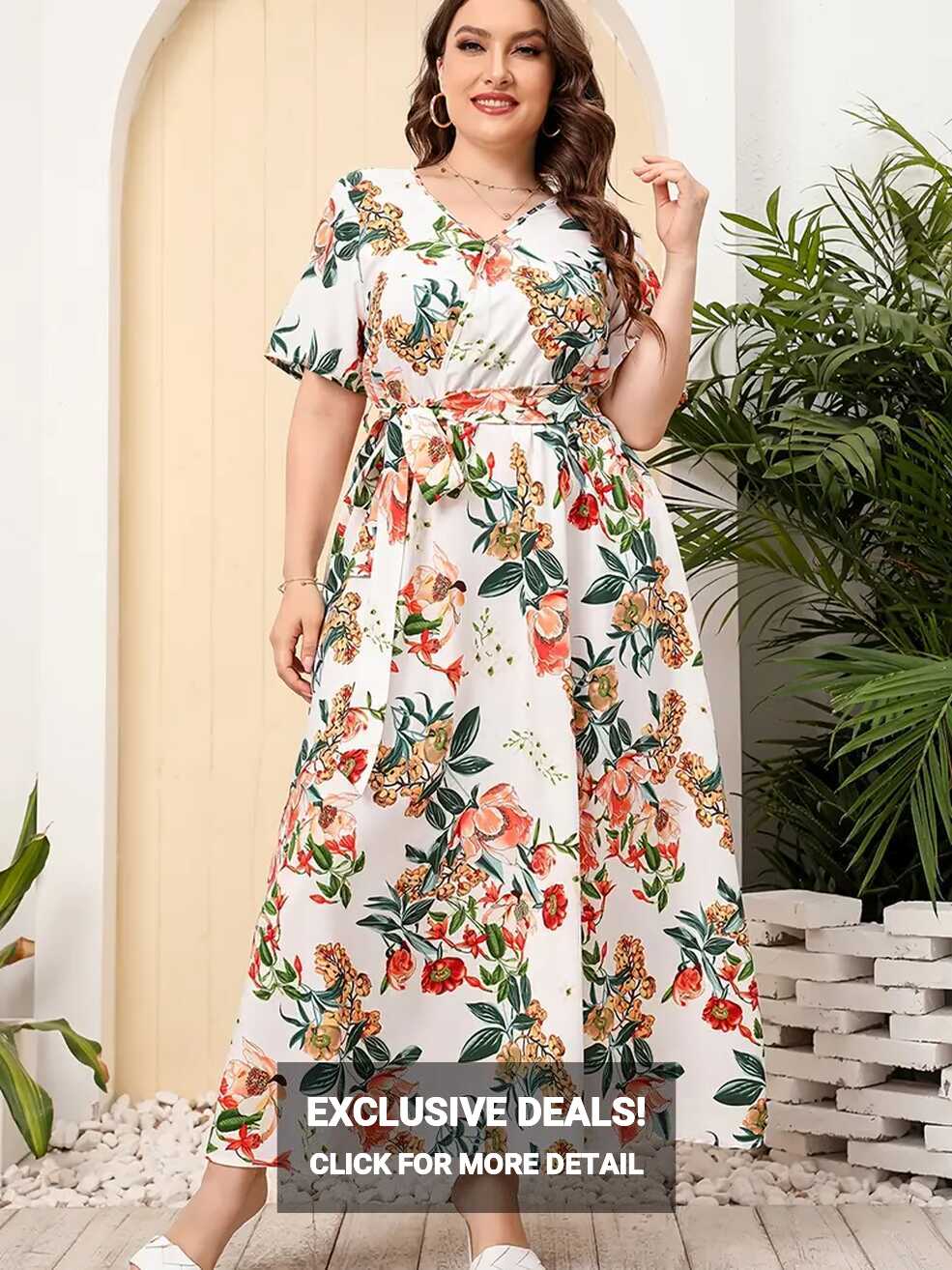 Plus Size Floral Print Short Sleeve Maxi Dress Belt Women&#39;s - Temu ...