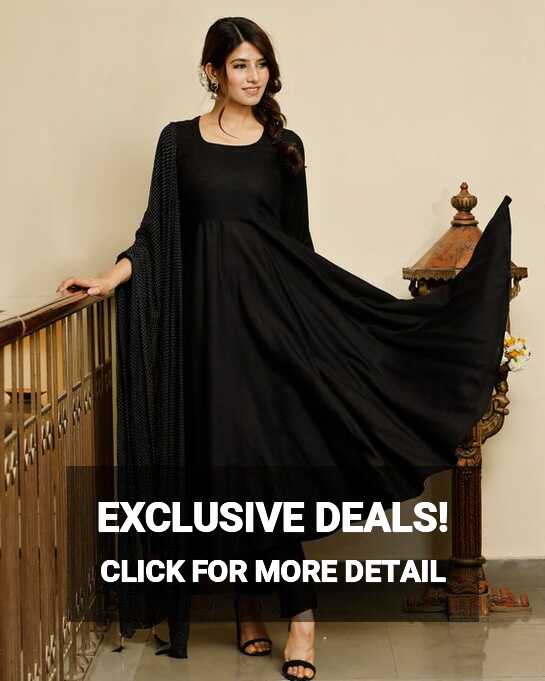 Plus Size Jet Black Solid Flared Anarkali With Dot Chiffon Dupatta ...