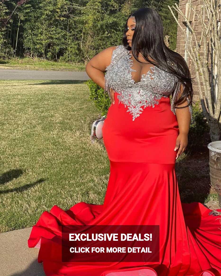 Plus Size Lace Mermaid Red Mermaid Prom Dress With Sheer V ...