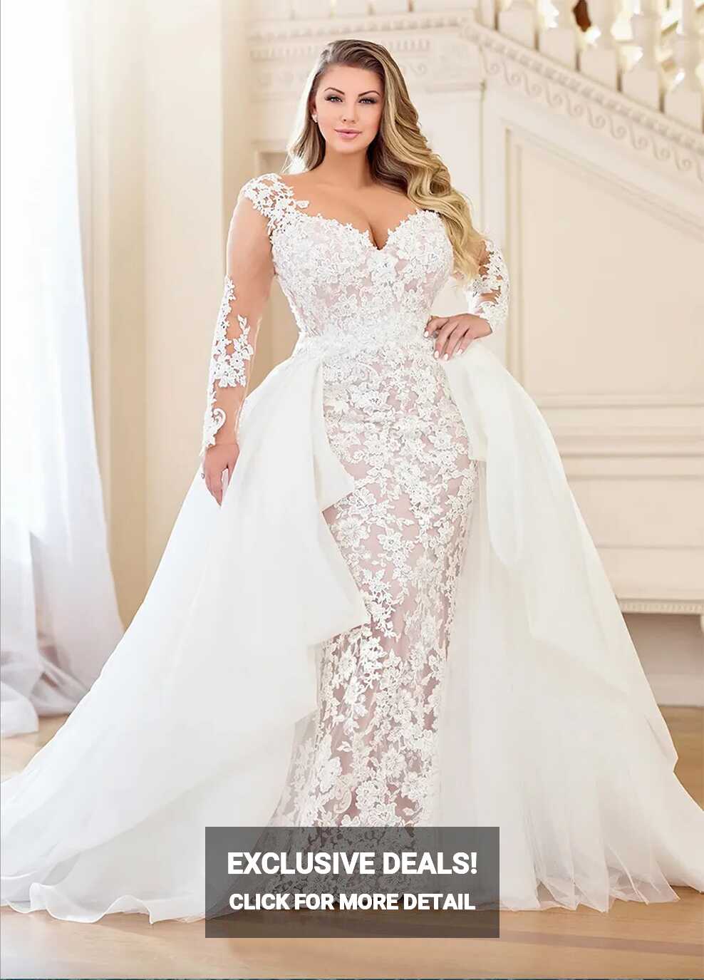 Plus Size Mermaid Lace Overskirt Wedding Dress With Detachable ...