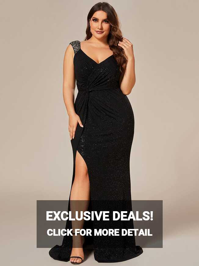 Plus Size Mermaid V-Neck High Slit Sequin Strap Pleated Evening ...