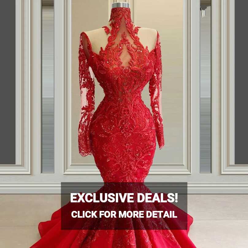 Plus Size Red Mermaid Wedding Dresses 2022 Illusion Long Sleeves ...