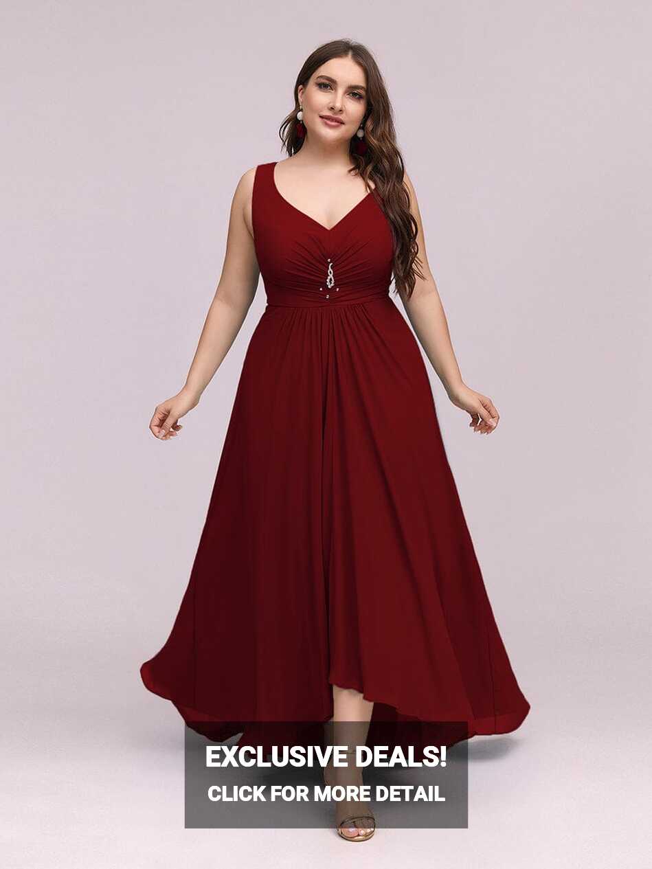 Plus Size Rhinestone V Neck High Low Party Dress - Ever-Pretty UK