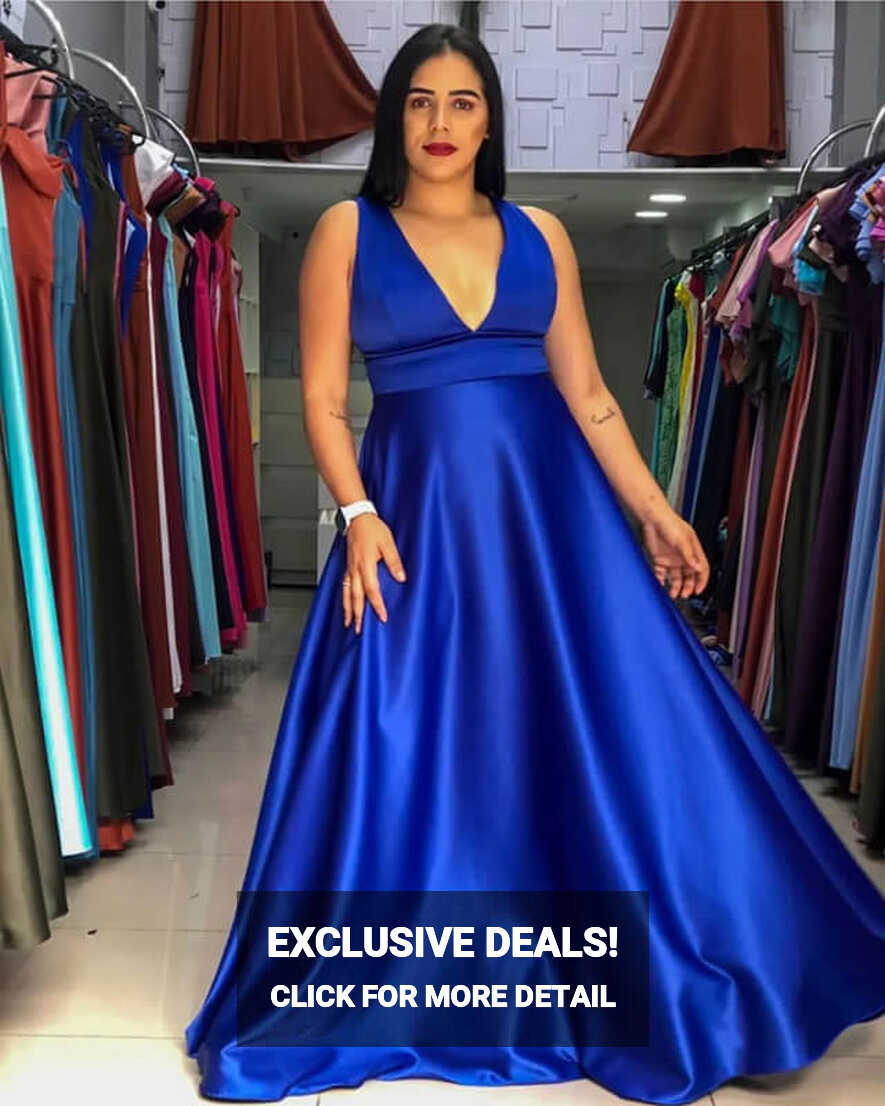 Plus Size Royal Blue Satin Bridesmaid Dresses Plunging Neck – Lisposa