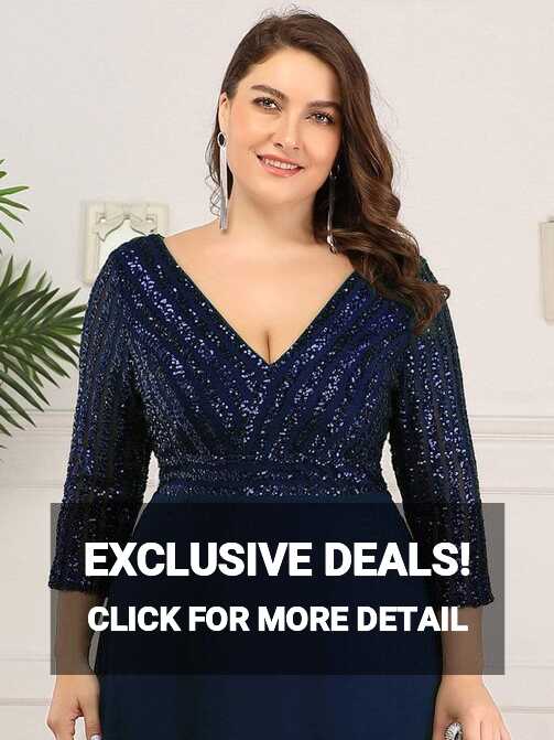 Plus Size Sequin Bodice Evening Dress with Three Quarter Sleeves ...