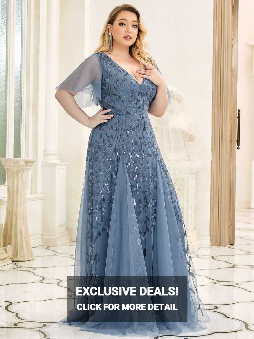 Plus Size Sequin Whoelsale Evening Gowns Floral Short Sleeves