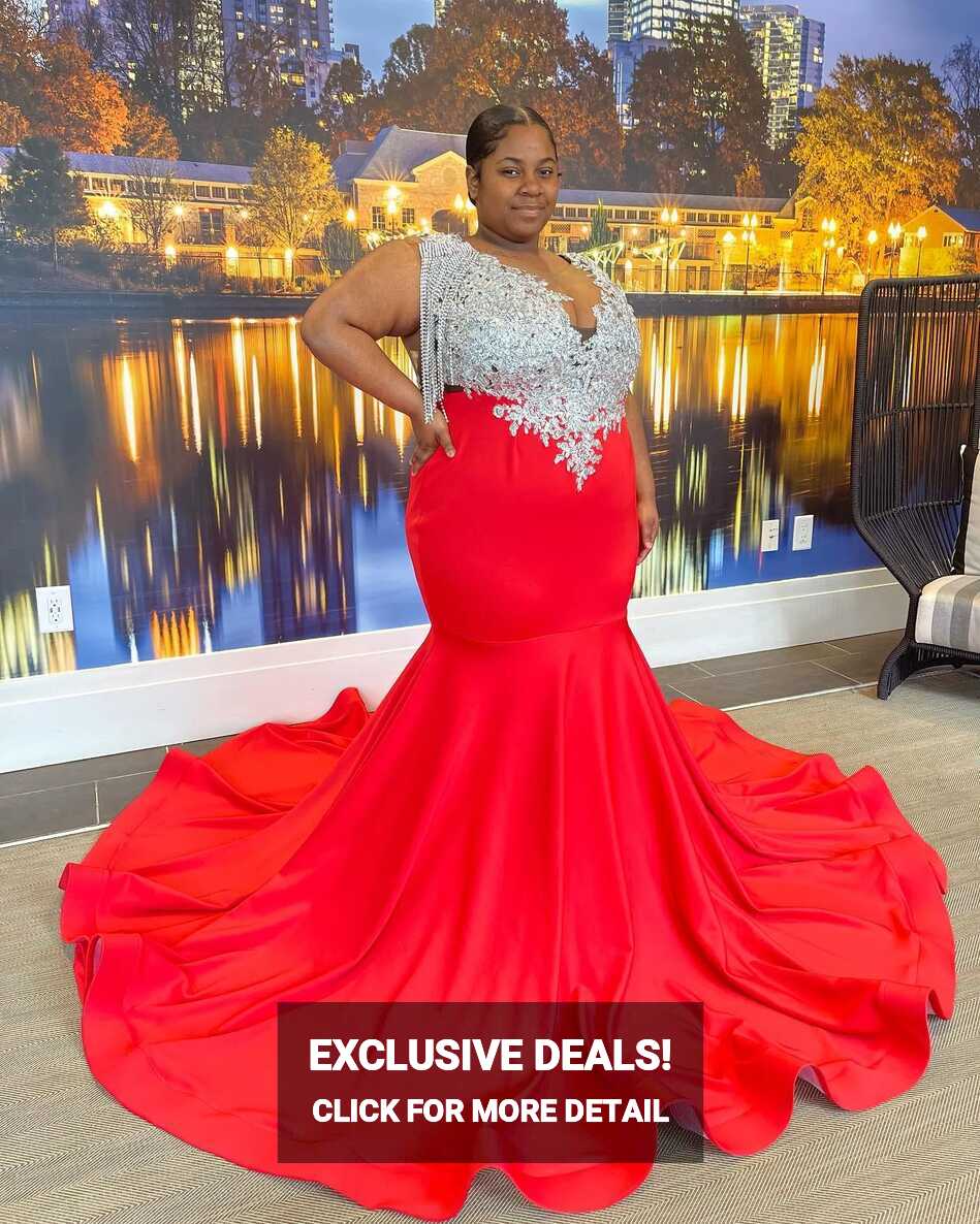 Plus Size Sheer Lace Red Fishtail Prom Dress With Beaded Applique ...