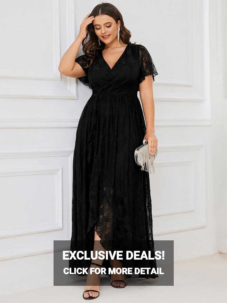 Plus Size V-Neck Short Sleeve Pleated Lace Evening Dress - Ever ...