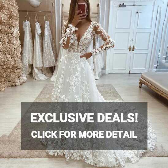 Plus Size V Neck Wedding Dresses Long Sleeve Lace Appliques A Line ...