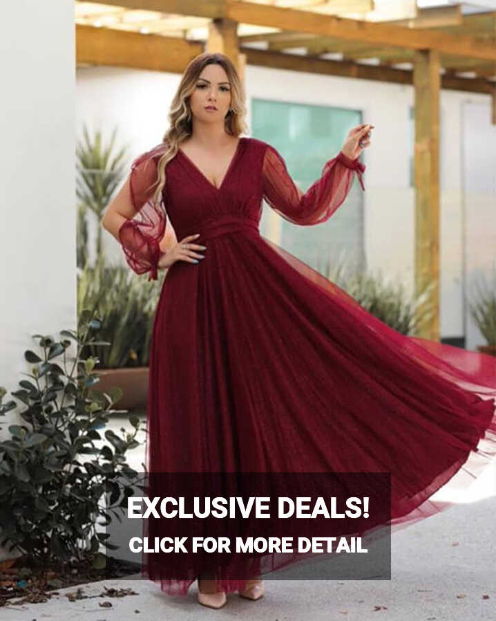 Plus Size Wine Red Bridesmaid Dresses Tulle V Neck Cold Sleeve ...