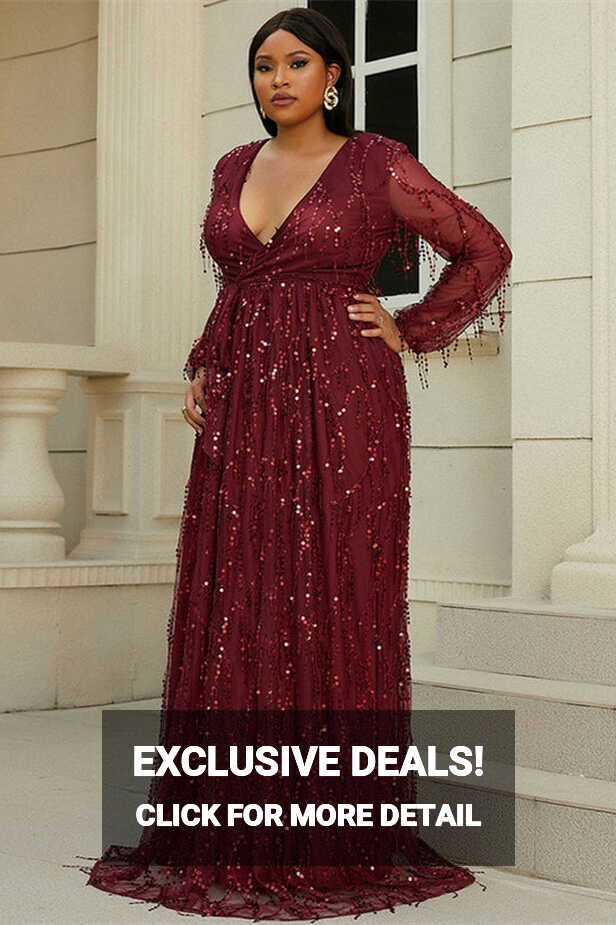 Plus Size Wine Red Fringes V-Neck Long Sleeve A-Line Prom Dress ...