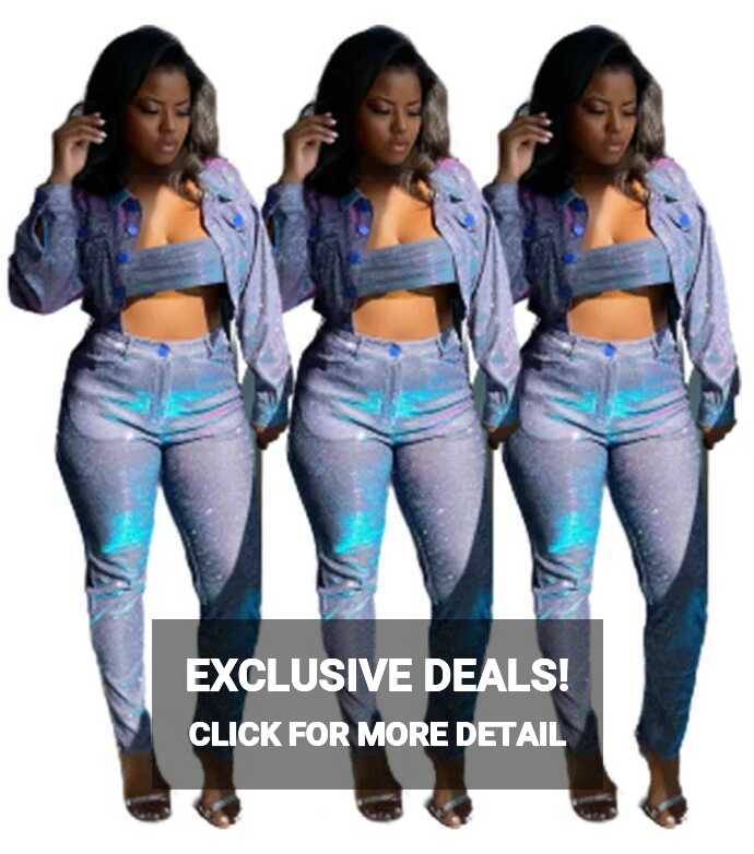 Popular Hot Sexy Women Shinny Denim Jeans 3 Piece Set Outfits ...