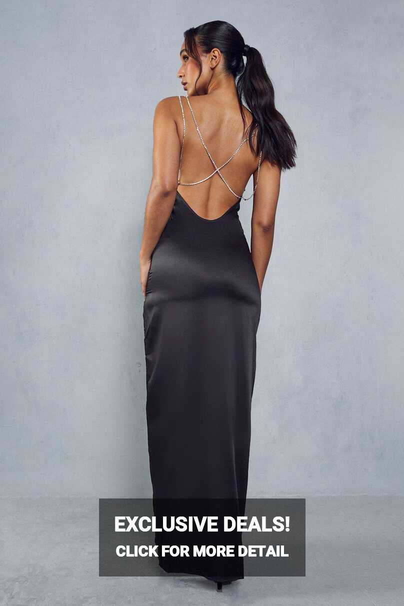 Premium Satin Cowl Neck Diamante Backless Maxi Dress