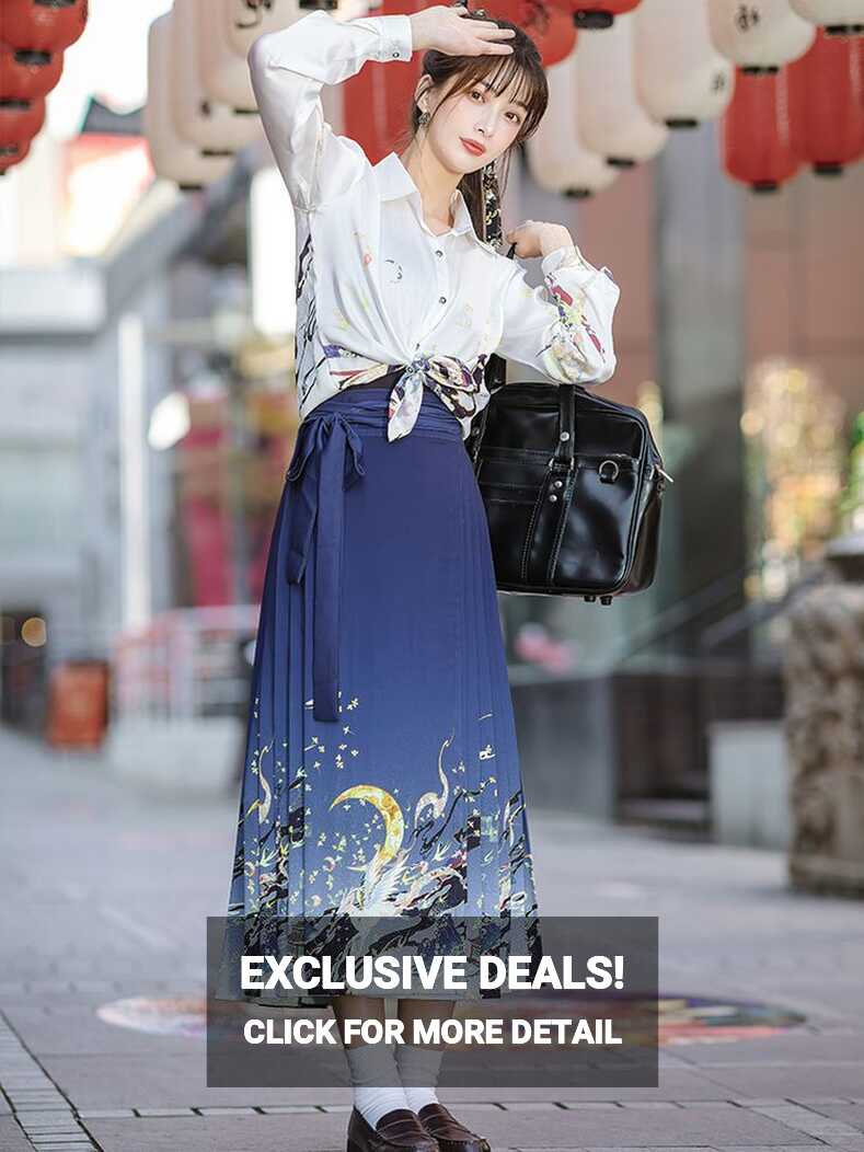 Pretty Casual Hanfu Chinese Style Shirt Blue Ma Mian Skirt ...