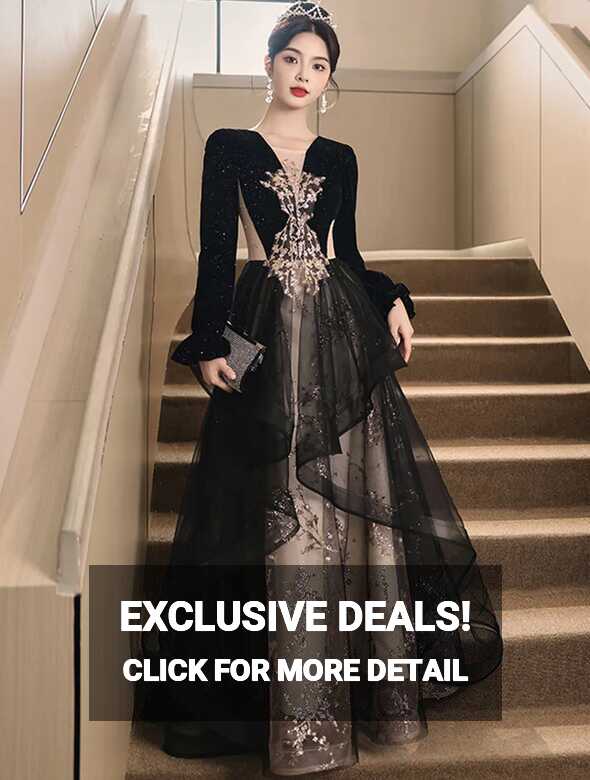 Pretty Embroidery V-neck Long Sleeve Black Evening Dress Ball Gown ...