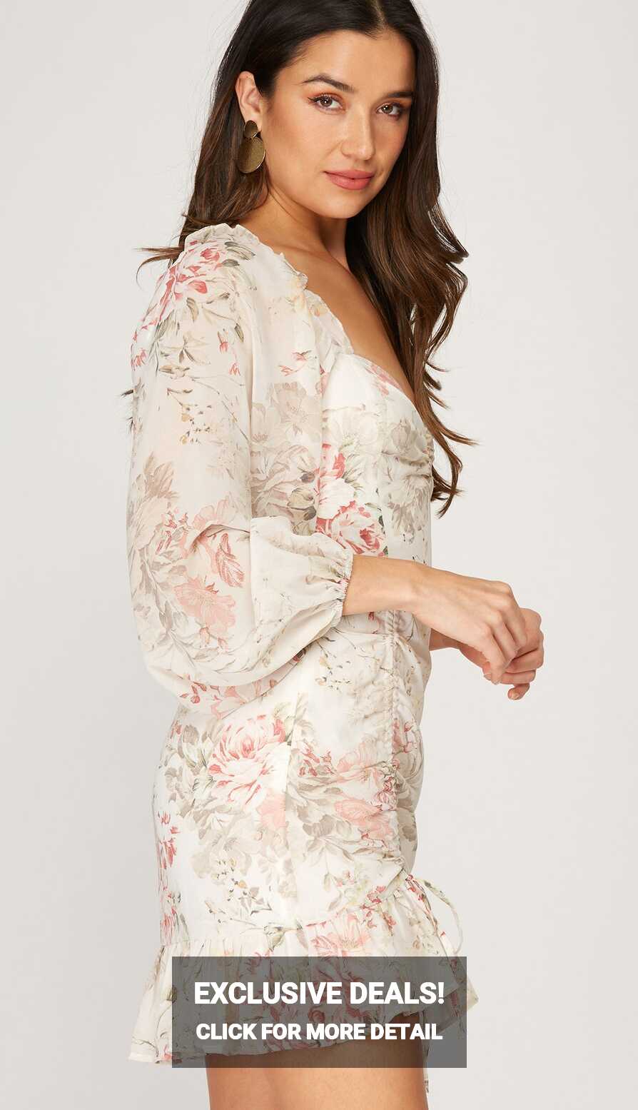 Pretty Forever Floral Ruched Side Dress- Cream