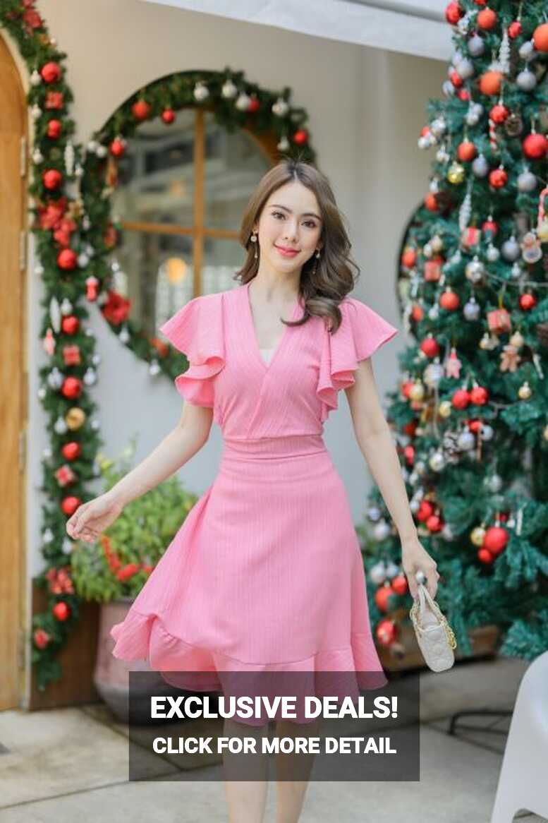 Pretty Girl Bangkok Ruffled Sleeves V-Neck Plain Knee Length ...