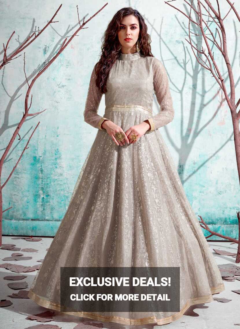 Pretty Net Beige Fancy Designer Gown -