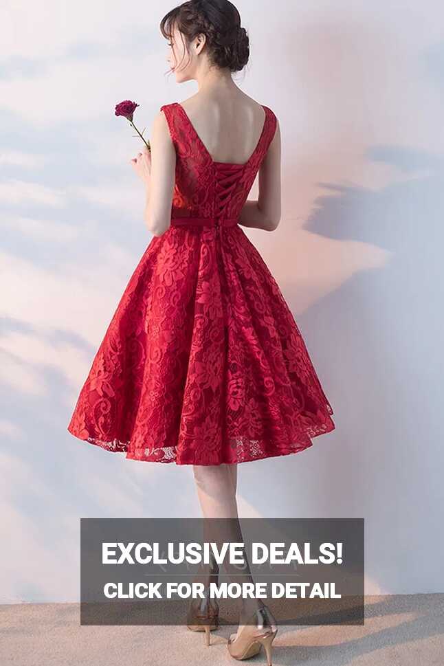 Pretty Red Floral Lace Knee Length Cocktail Dress - Promfy