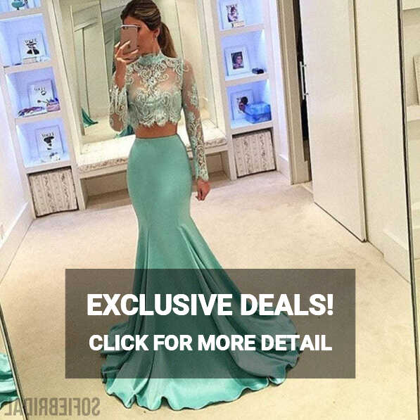 Pretty Two Pieces High Neck Long Sleeve Lace Prom Dress, Sexy ...