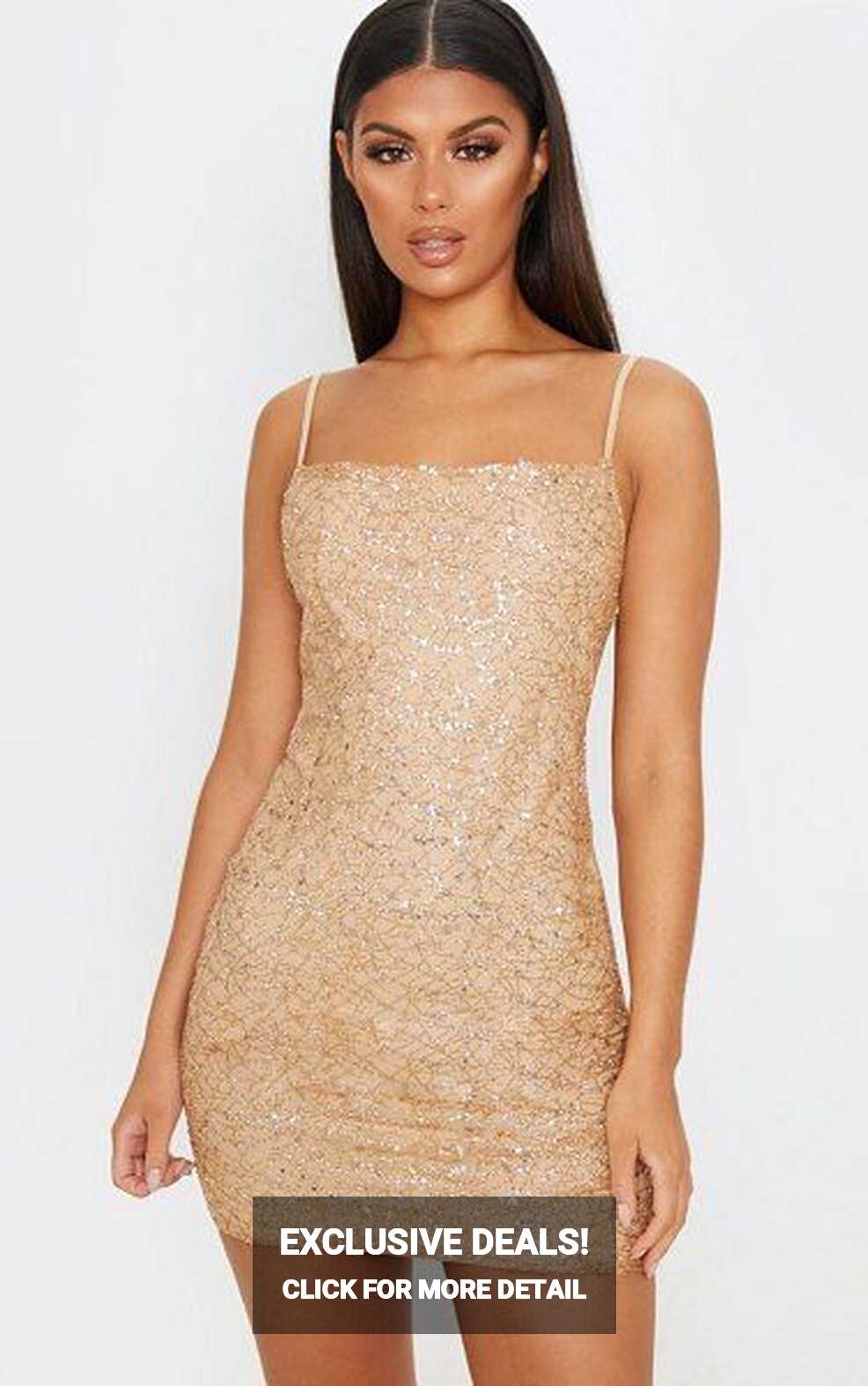 PrettyLittleThing Rose Gold Strappy Sequin Glitter Detail Bodycon ...