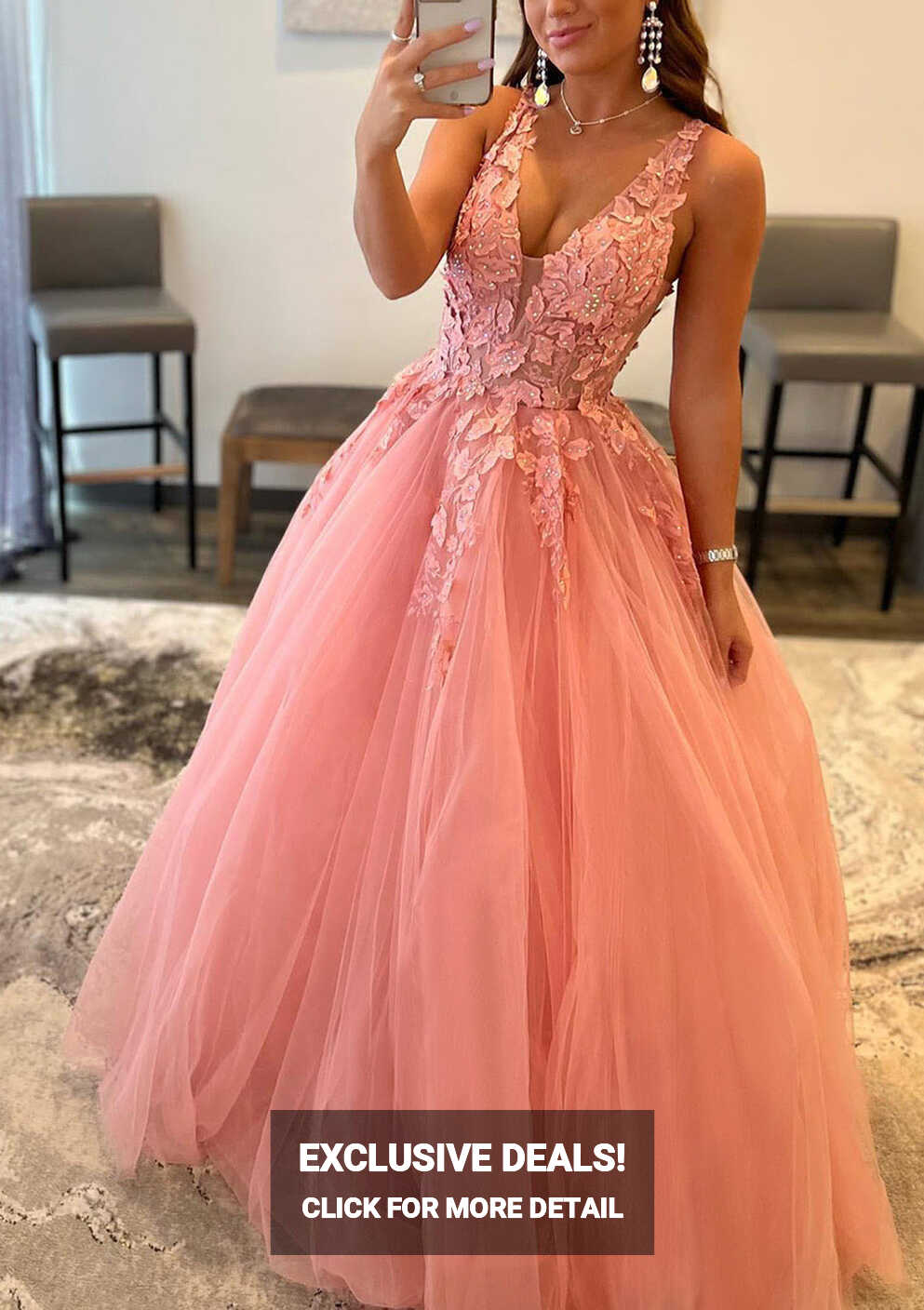 Princess A-line V Neck Sweep Train Tulle Prom Dress With Appliqued ...