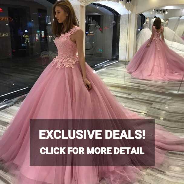 Princess Ball Gown Pink Prom Dresses Sleeveless Appliques ...