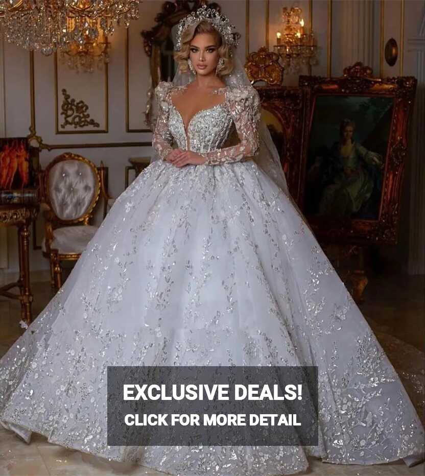 Princess Ball Gown Wedding Dress 2024 Sheer Neck Beaded Long ...