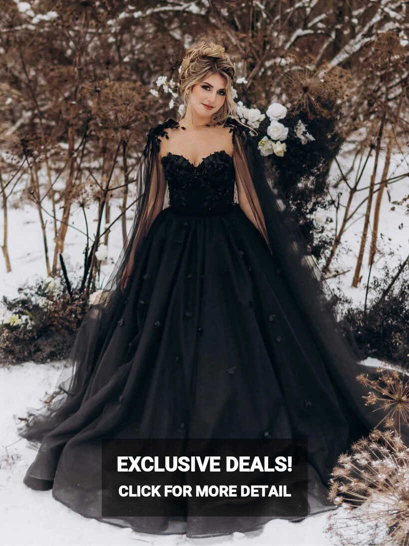 Princess Black Gothic Wedding Dress 3D Flowers Tulle Bridal Gown ...