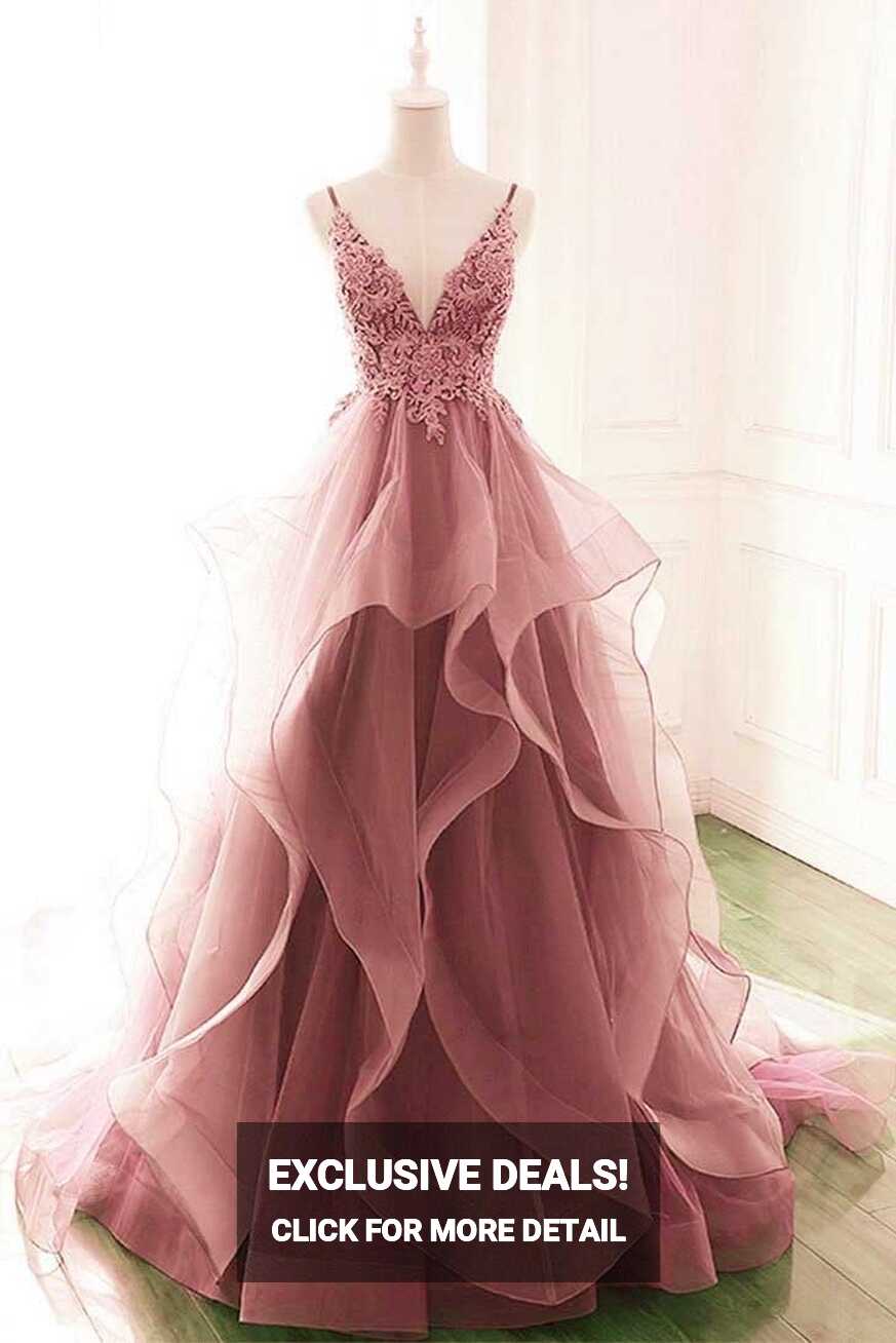 Princess Dark Pink Tulle Long With Lace Ruffle A Line Prom Dresses ...