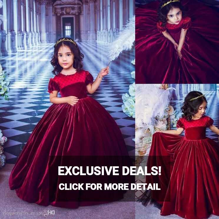 Princess Dark Red Velvet Ball Gown Flower Girl Dress With Short ...