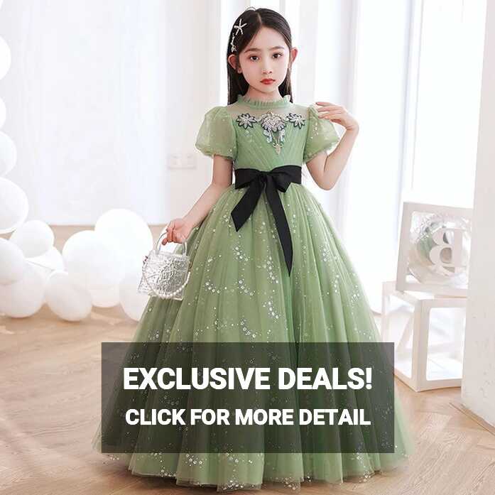 Princess Girls Lace Chiffon Long Dresses Green Flower Girl Wedding ...