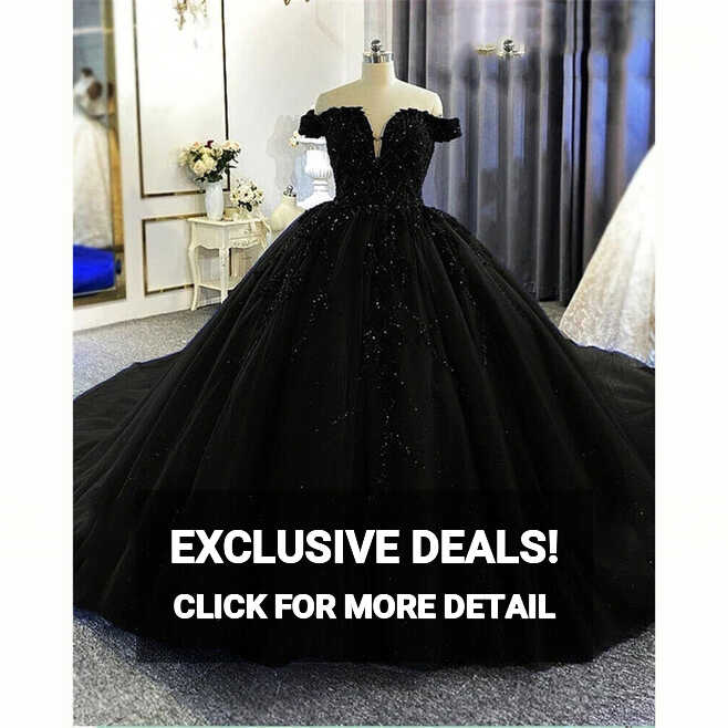 Princess Gothic Black Wedding Dresses Off the Shoulder V Neck ...