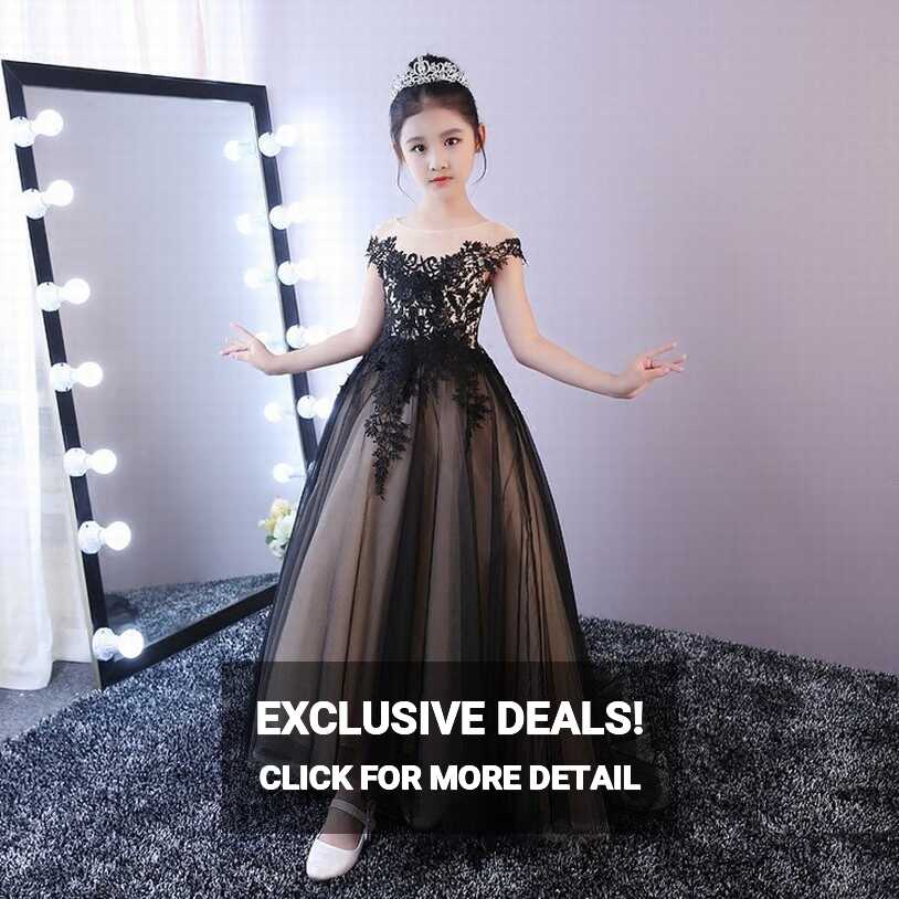 Princess Lace Flower Girls Dress Kids Dress Black Ball Gown Tulle ...