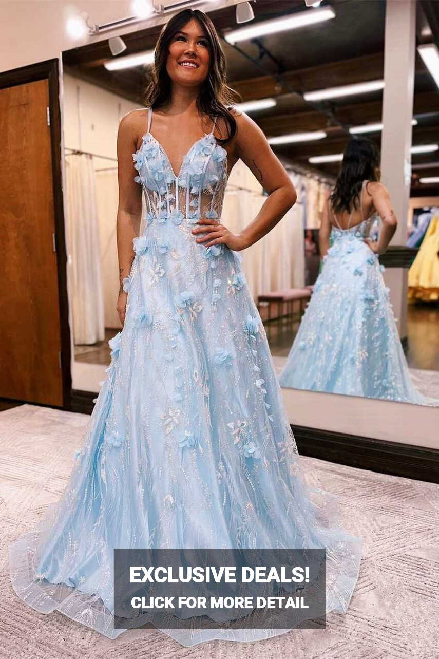 Princess Light Blue 3D Floral Lace V-Neck A-Line Long Prom Dress ...