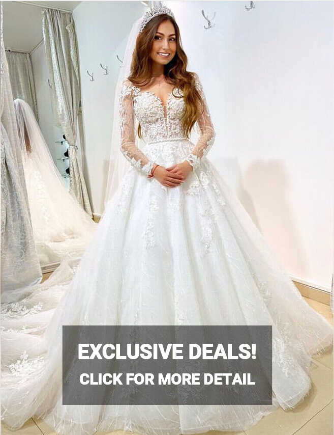 Princess Long Sleeves Wedding Dresses Deep V Neck Lace Appliques ...