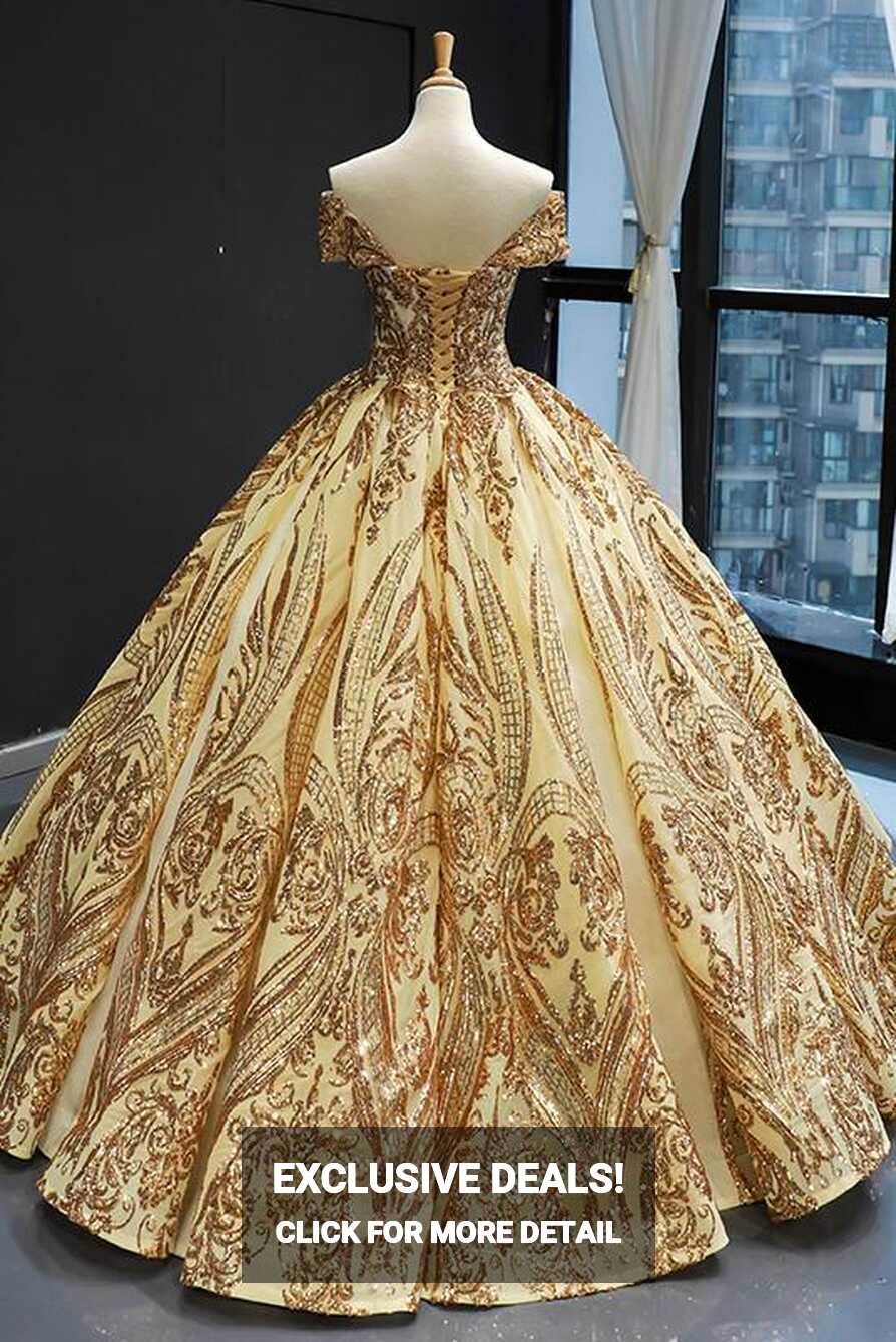 Princess Off-the-Shoulder Gold Sequins Prom Dress Ball Gown DTP736 ...