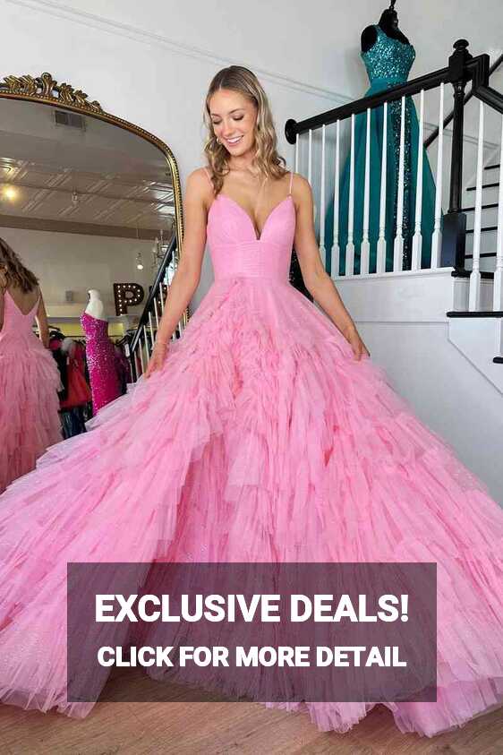 Princess Pink Strappy Frill-Layered A-Line Long Prom Dress ...