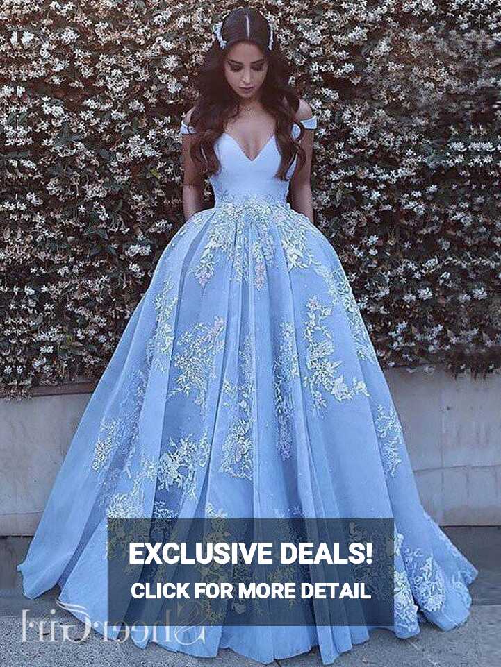 Princess Prom Dresses V-neck Sky Blue Off the Shoulder Quinceanera ...