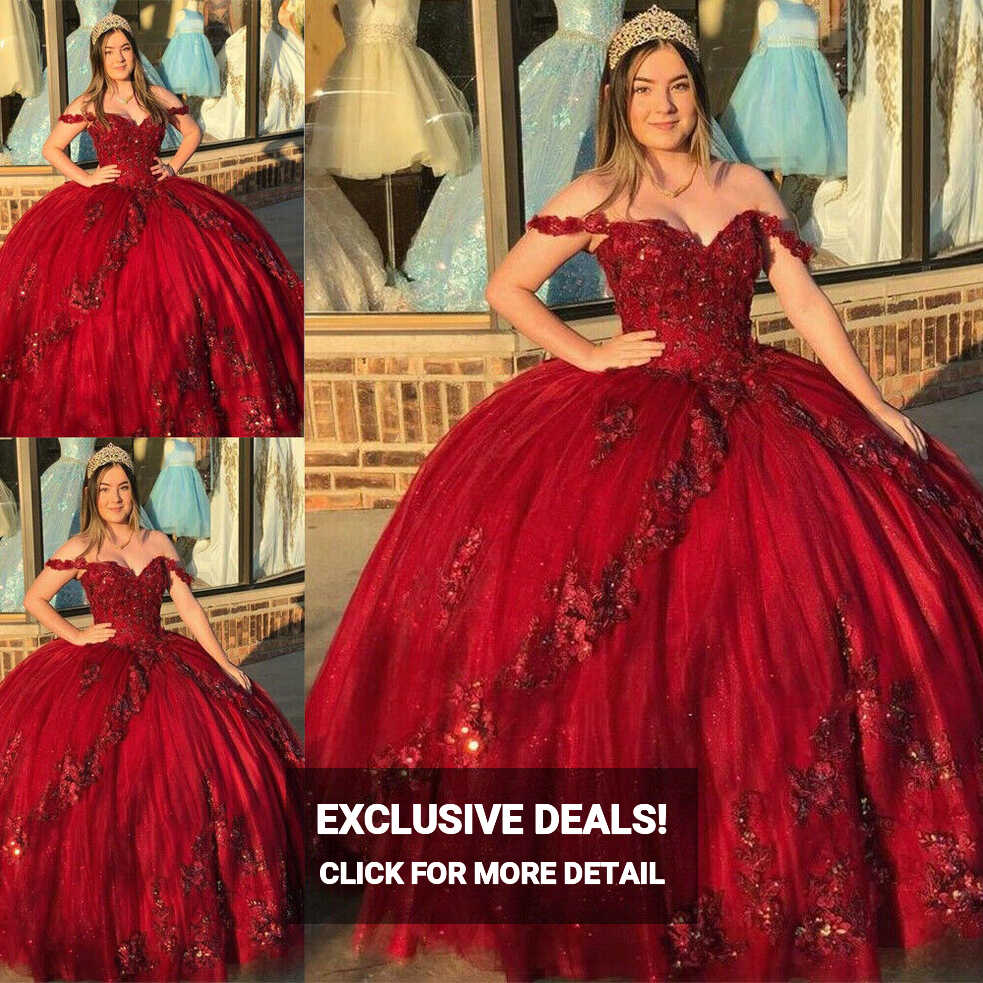 Princess Quinceanera Dresses Sweet 16 Beaded Red 3D Flower Party ...