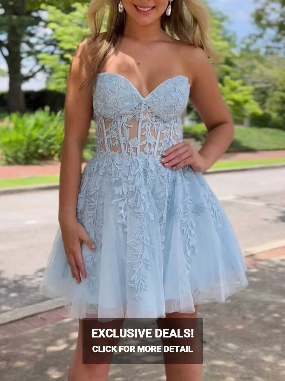 Princess Sweetheart Neck Light Blue Lace Prom Dresses, Strapless ...