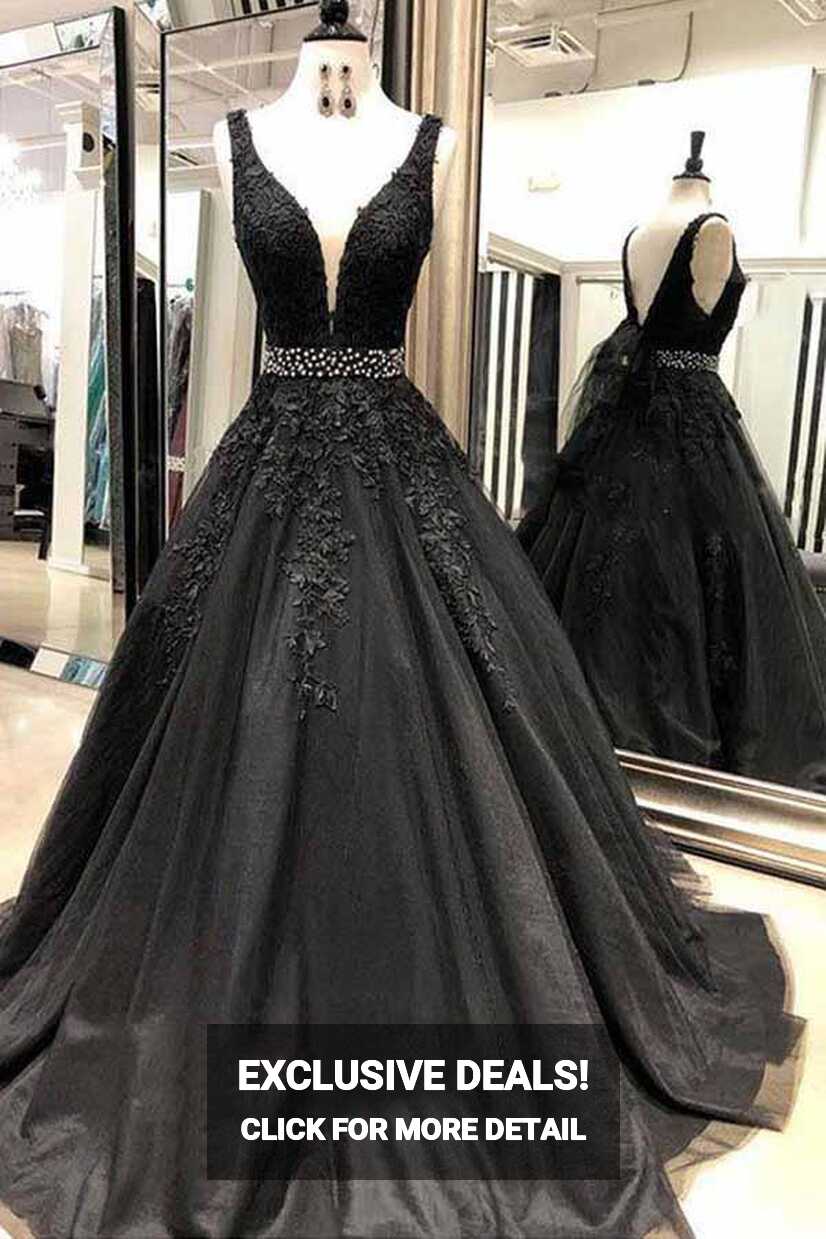 Princess V Neck Black Lace Long Prom Dress with Beading JTA7131